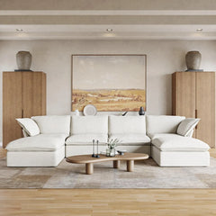 Premium Linen Cloud Sectional Couches | 6-Piece Linen White Oversized Cushions U-Shaped Sectionals 4-seaters with 2-Ottomans