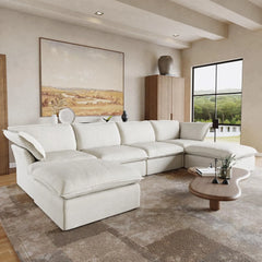 Premium Linen Cloud Sectional Couches | 6-Piece Linen White Oversized Cushions U-Shaped Sectionals 4-seaters with 2-Ottomans
