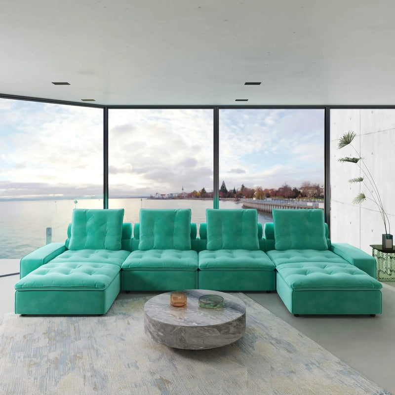 181'' Adjustable Pet-Friendly 4-Seater U-Shaped Sectional Sofa with Roller Backrest - Tiffany Blue