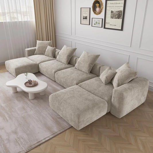 Exclusive Modern Modular Couches | 6-Piece Corduroy Beige Simple Modern Look U-Shaped Sectionals 4-seaters with 2-Ottomans
