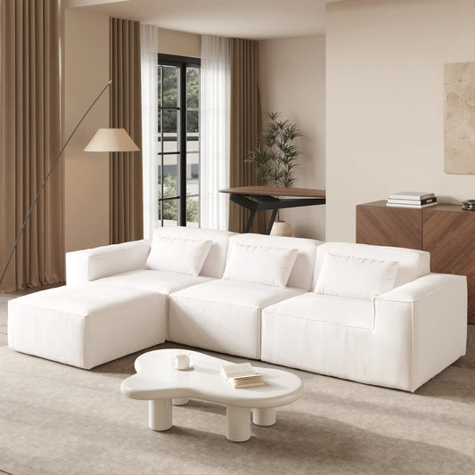 Exclusive Classic Sectional Couches | 3-Piece Corduroy Beige Family Lounging Perfected L-Shaped Sectionals 3-seaters with 1-Ottomans