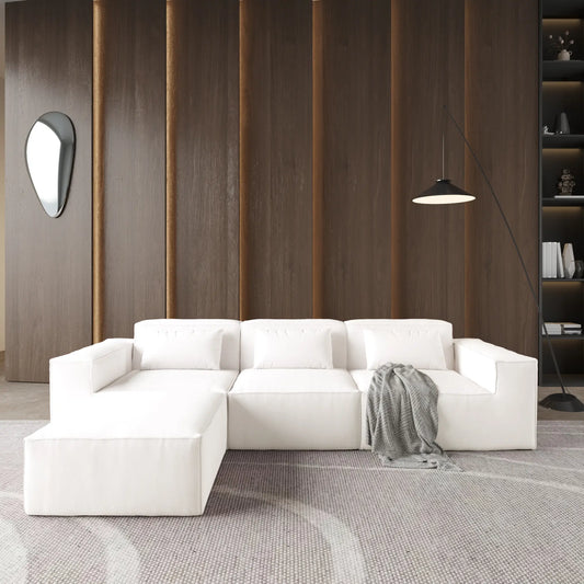 Exclusive Classic Sectional Couches | 3-Piece Corduroy Beige Family Lounging Perfected L-Shaped Sectionals 3-seaters with 1-Ottomans