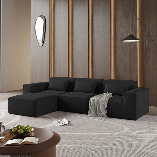 Exclusive Classic Sectional Couches | 3-Piece Corduroy Black Safe For Pets L-Shaped Sectionals 3-seaters with 1-Ottomans