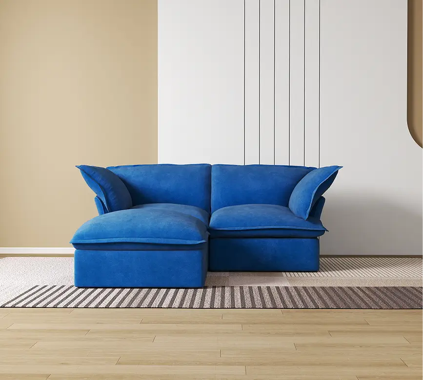 Premium Velvet Cloud Sectional Couches | 3-Piece Velvet Blue Simply Serene Seating Chaise Sectionals 2-seaters with 1-Ottomans