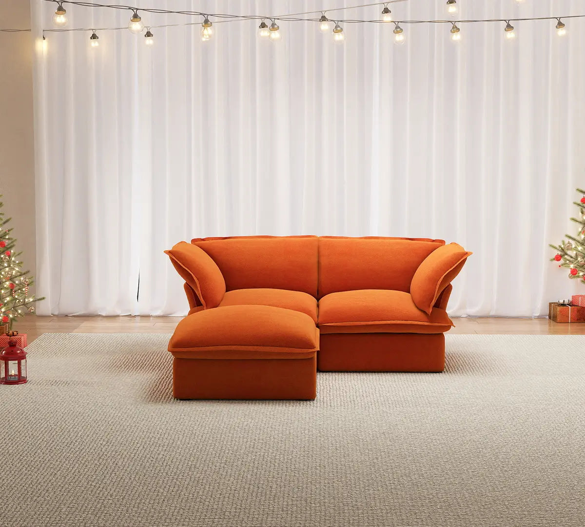 Premium Velvet Cloud Sectional Couches | 3-Piece Velvet Orange Neutral Silhouette Chaise Sectionals 2-seaters with 1-Ottomans