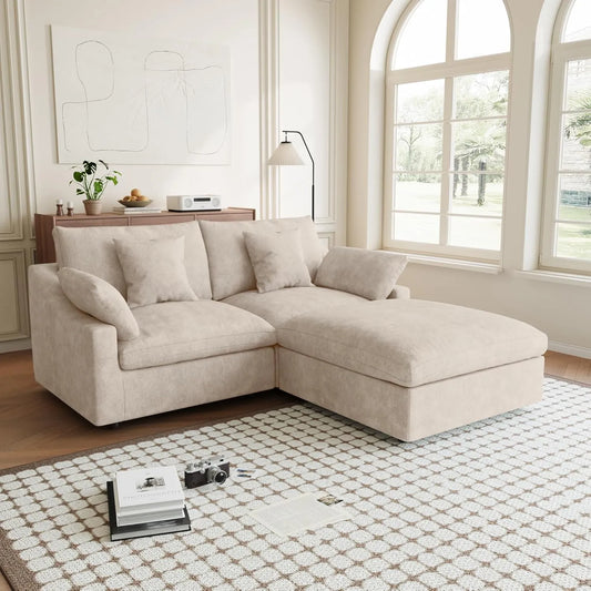 Premium Slope Cloud Sectional Couches | 3-Piece Linen Khaki A Simple Beachy Look Chaise Sectionals 2-seaters with 1-Ottomans