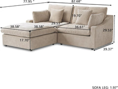 Premium Slope Cloud Sectional Couches | 3-Piece Linen Khaki A Simple Beachy Look Chaise Sectionals 2-seaters with 1-Ottomans