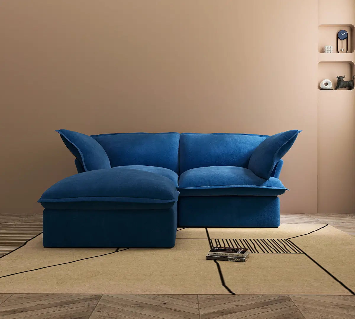 Premium Velvet Cloud Sectional Couches | 3-Piece Velvet Blue Simply Serene Seating Chaise Sectionals 2-seaters with 1-Ottomans