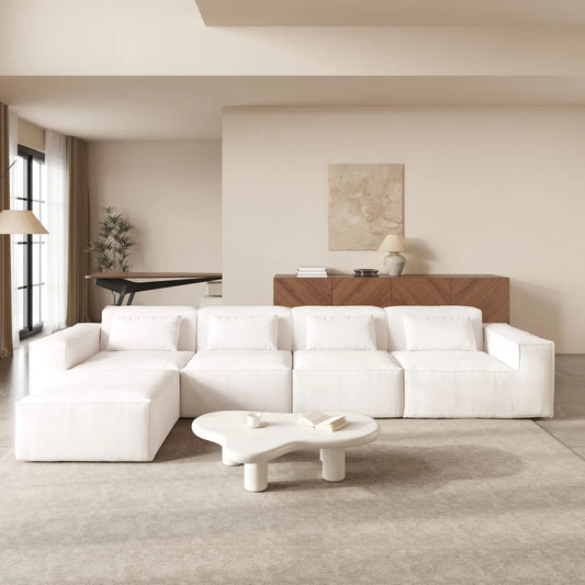 Exclusive Classic Sectional Couches | 4-Piece Corduroy Beige Nice Textured Fabric V-Shaped Sectionals 4-seaters with 1-Ottomans