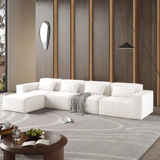 Exclusive Classic Sectional Couches | 4-Piece Corduroy Beige Nice Textured Fabric V-Shaped Sectionals 4-seaters with 1-Ottomans