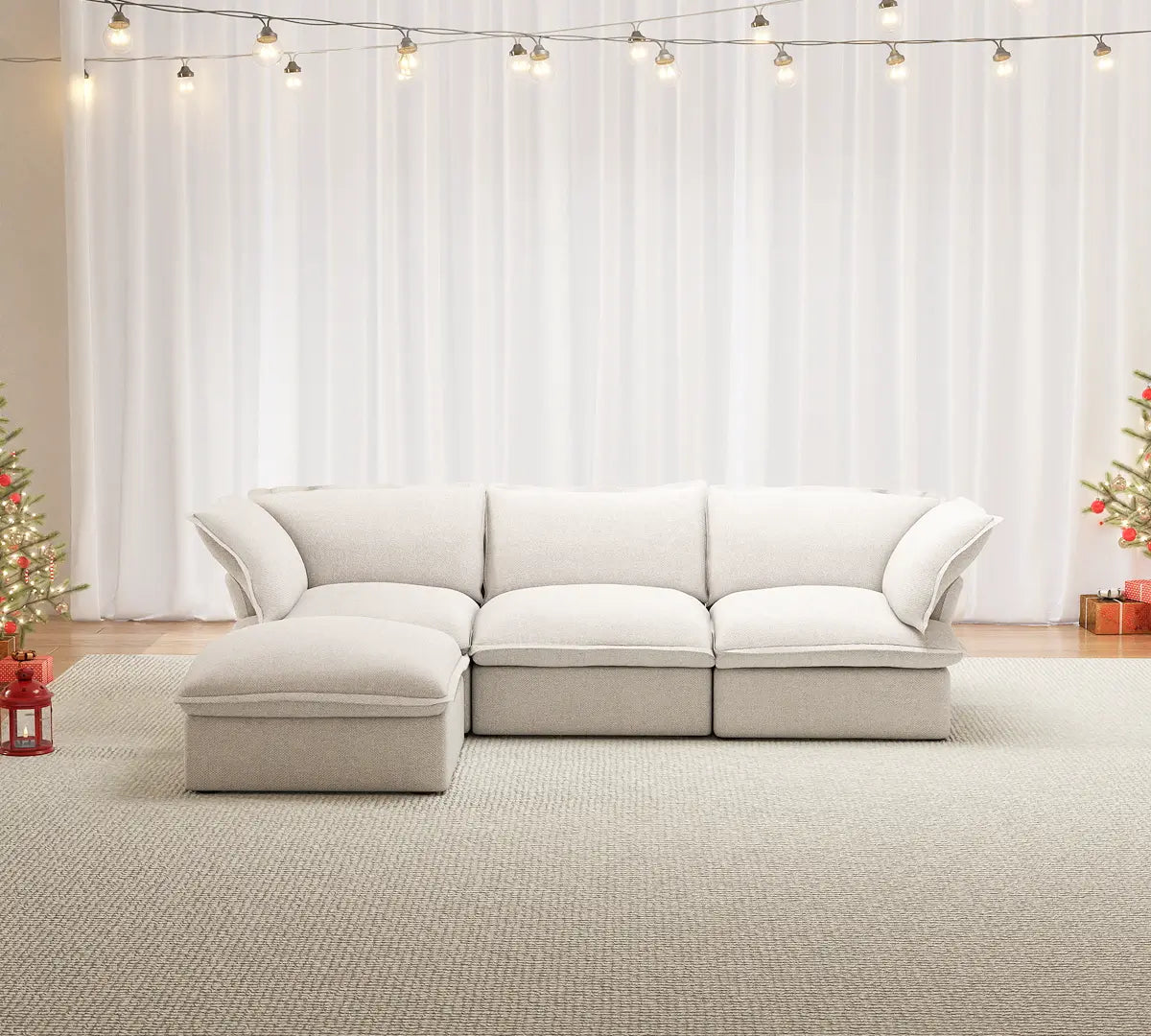 Premium Linen Cloud Sectional Couches | 4-Piece Linen White Rich Fancy Velvet L-Shaped Sectionals 3-seaters with 1-Ottomans