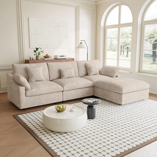Premium Slope Cloud Sectional Couches | 4-Piece Linen Khaki Relaxed Airy Elegance L-Shaped Sectionals 3-seaters with 1-Ottomans