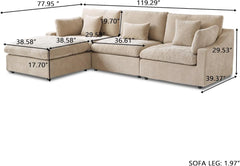 Premium Slope Cloud Sectional Couches | 4-Piece Linen Khaki Relaxed Airy Elegance L-Shaped Sectionals 3-seaters with 1-Ottomans