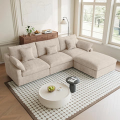Premium Slope Cloud Sectional Couches | 4-Piece Linen Khaki Relaxed Airy Elegance L-Shaped Sectionals 3-seaters with 1-Ottomans