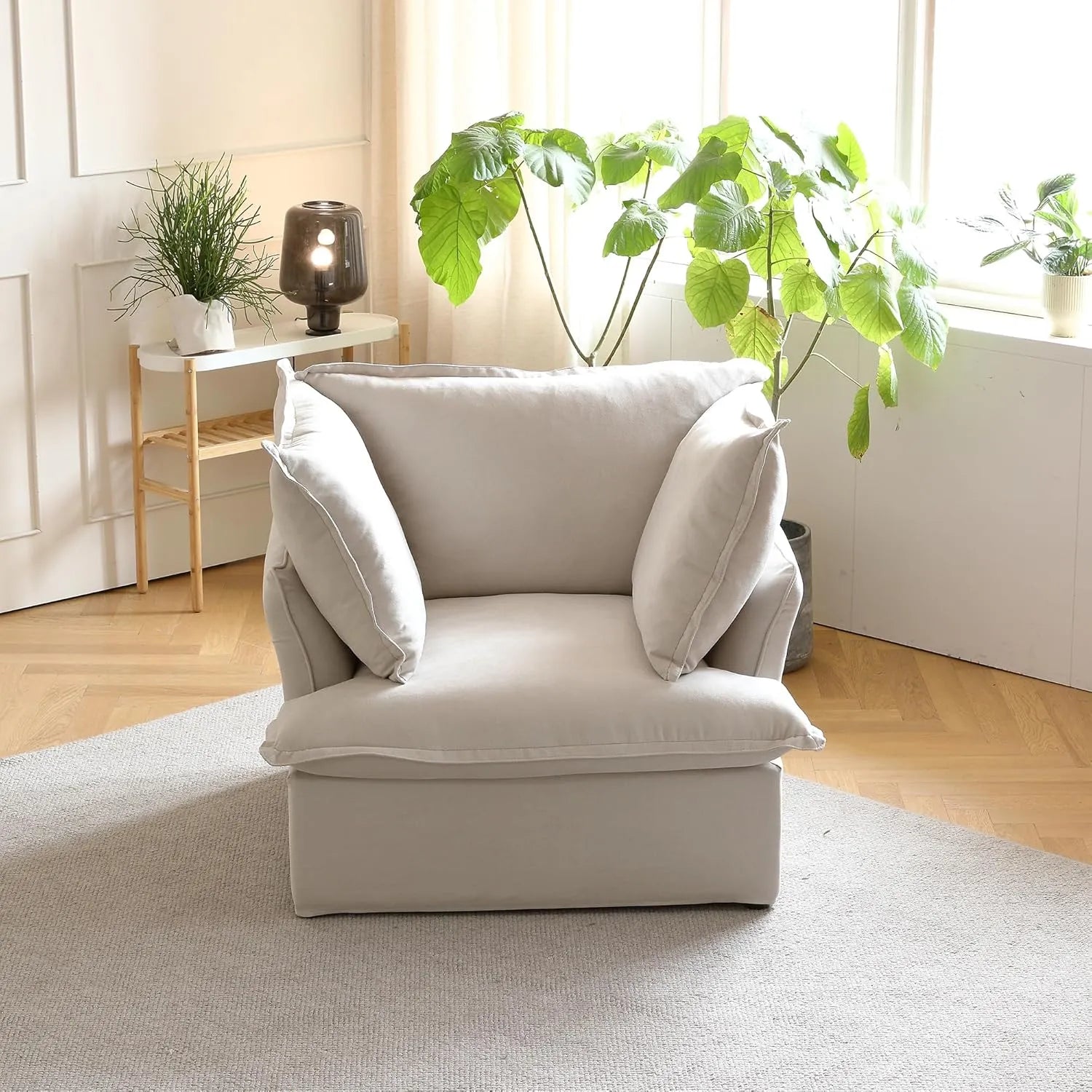 Premium Linen Cloud Sectional Couches | 1-Piece Linen Beige Oversized Cushions Single Sofa 1-seater