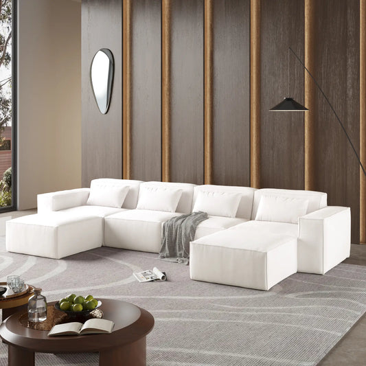 Exclusive Classic Sectional Couches | 5-Piece Corduroy Beige Modular Design U-Shaped Sectionals 4-seaters with 2-Ottomans