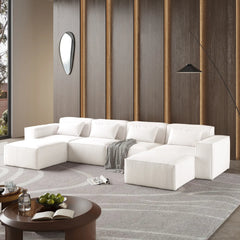 Exclusive Classic Sectional Couches | 5-Piece Corduroy Beige Modular Design U-Shaped Sectionals 4-seaters with 2-Ottomans