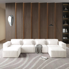 Exclusive Classic Sectional Couches | 5-Piece Corduroy Beige Modular Design U-Shaped Sectionals 4-seaters with 2-Ottomans