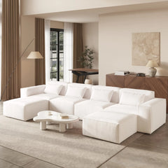 Exclusive Classic Sectional Couches | 5-Piece Corduroy Beige Modular Design U-Shaped Sectionals 4-seaters with 2-Ottomans
