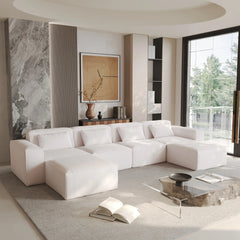 Exclusive Classic Sectional Couches | 5-Piece Corduroy Beige Modular Design U-Shaped Sectionals 4-seaters with 2-Ottomans