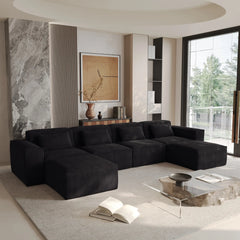 Exclusive Classic Sectional Couches | 5-Piece Corduroy Black Cushions Don't Sink U-Shaped Sectionals 4-seaters with 2-Ottomans