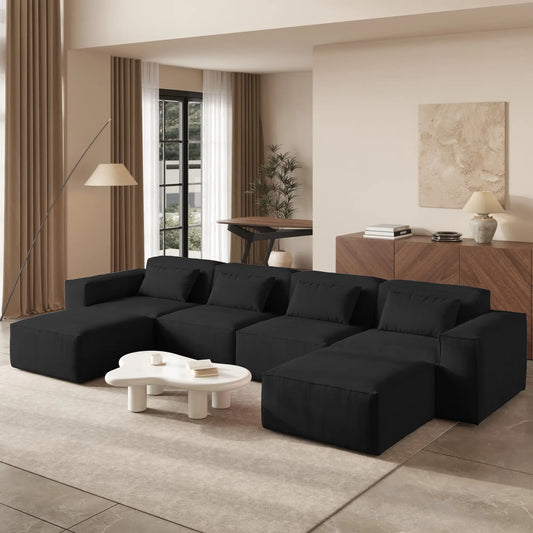Exclusive Classic Sectional Couches | 5-Piece Corduroy Black Cushions Don't Sink U-Shaped Sectionals 4-seaters with 2-Ottomans