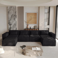 Exclusive Classic Sectional Couches | 5-Piece Corduroy Black Cushions Don't Sink U-Shaped Sectionals 4-seaters with 2-Ottomans