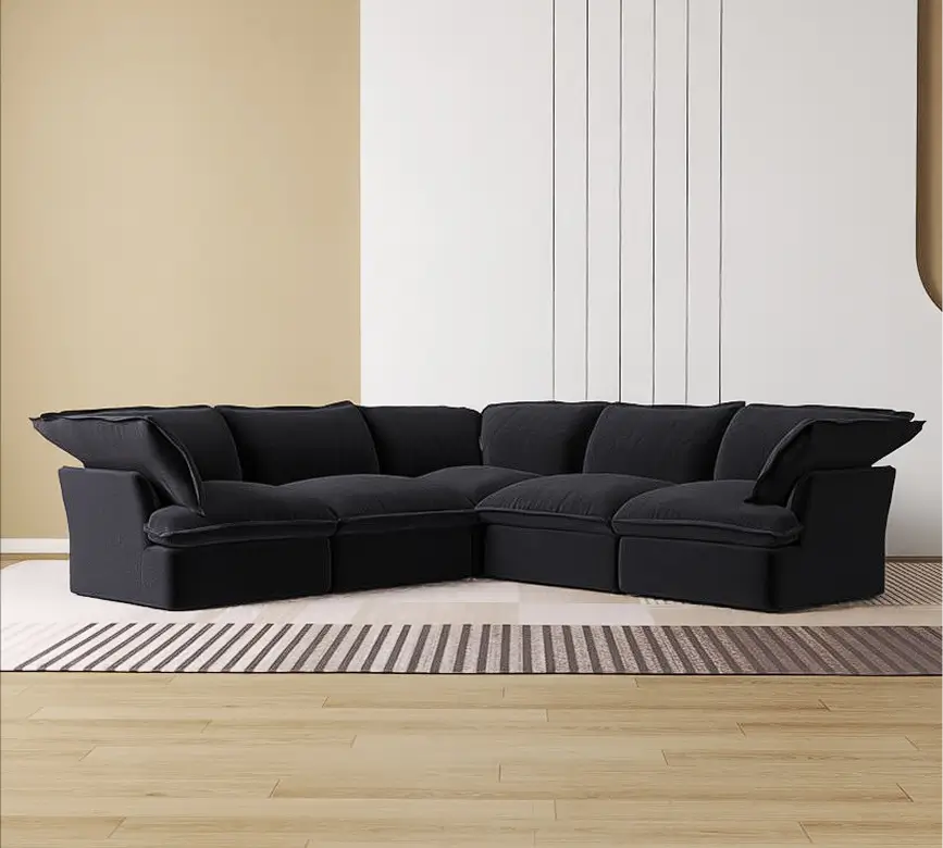 Premium Linen Cloud Sectional Couches | 5-Piece Linen Black Looks Good Anywhere V-Shaped Sectionals 5-seaters
