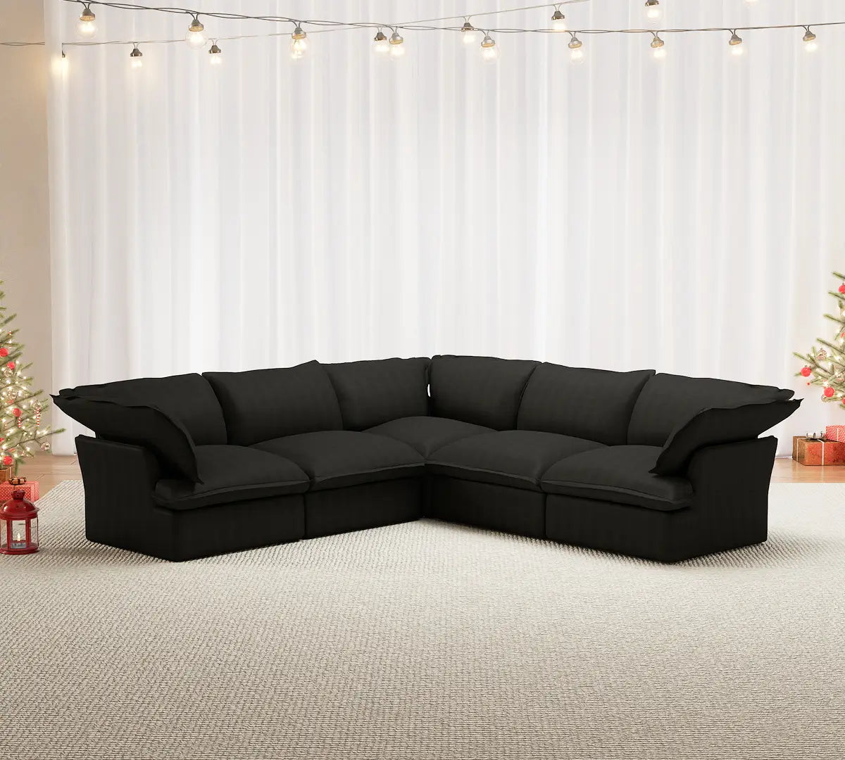 Premium Linen Cloud Sectional Couches | 5-Piece Linen Black Looks Good Anywhere V-Shaped Sectionals 5-seaters