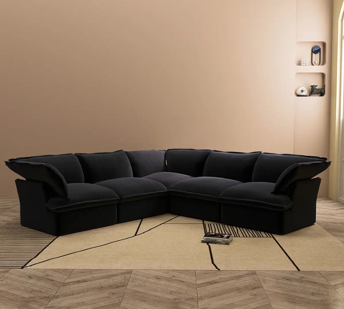Premium Linen Cloud Sectional Couches | 5-Piece Linen Black Looks Good Anywhere V-Shaped Sectionals 5-seaters