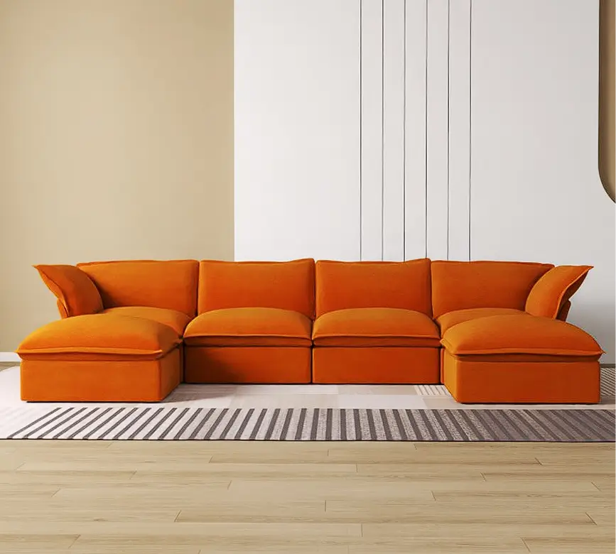 Premium Velvet Cloud Sectional Couches | 6-Piece Velvet Orange Modern Relaxed Living U-Shaped Sectionals 4-seaters with 2-Ottomans
