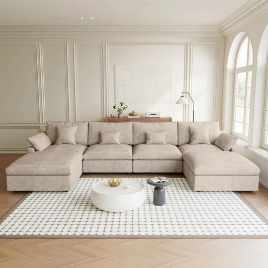 Premium Slope Cloud Sectional Couches | 6-Piece Linen Khaki Cool And Comfy Fabric U-Shaped Sectionals 4-seaters with 2-Ottomans