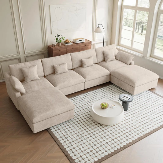 Premium Slope Cloud Sectional Couches | 6-Piece Linen Khaki Cool And Comfy Fabric U-Shaped Sectionals 4-seaters with 2-Ottomans