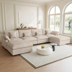 Premium Slope Cloud Sectional Couches | 6-Piece Linen Khaki Cool And Comfy Fabric U-Shaped Sectionals 4-seaters with 2-Ottomans