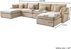 Premium Slope Cloud Sectional Couches | 6-Piece Linen Khaki Cool And Comfy Fabric U-Shaped Sectionals 4-seaters with 2-Ottomans