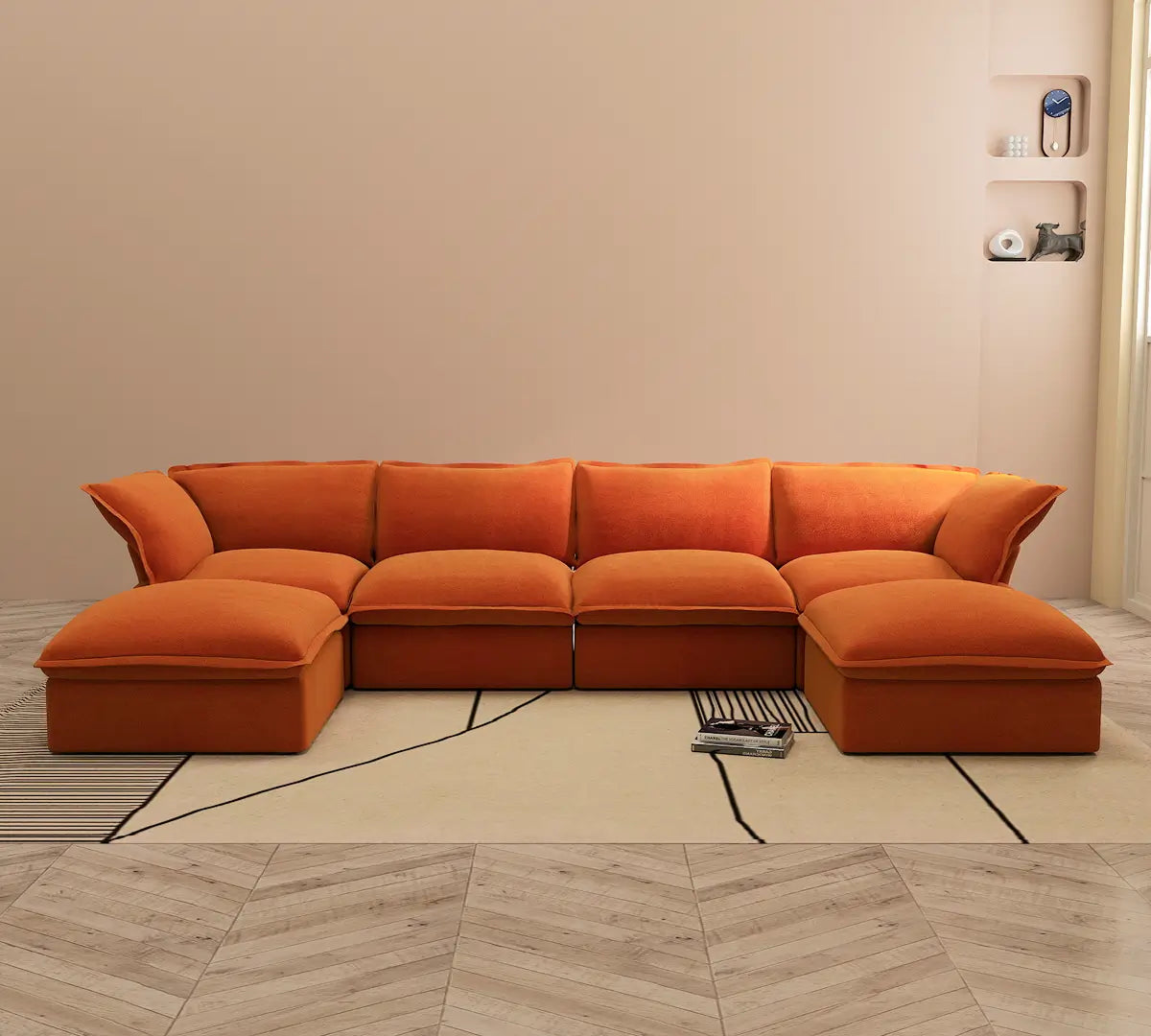 Premium Velvet Cloud Sectional Couches | 6-Piece Velvet Orange Modern Relaxed Living U-Shaped Sectionals 4-seaters with 2-Ottomans
