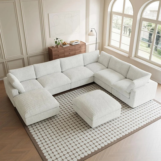 Premium Classic Cloud Sectional Couches | 8-Piece Plush Fabric Beige Supported Seating Sofa Sets 6-seaters with 2-Ottomans