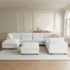 Premium Classic Cloud Sectional Couches | 8-Piece Plush Fabric Beige Supported Seating Sofa Sets 6-seaters with 2-Ottomans