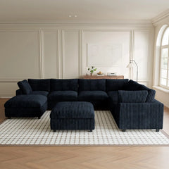 Premium Classic Cloud Sectional Couches | 8-Piece Plush Fabric Black Casual Luxury Appeal Sofa Sets 6-seaters with 2-Ottomans