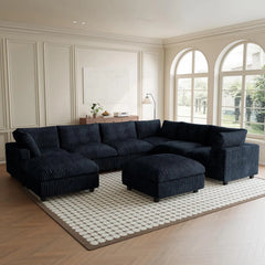 Premium Classic Cloud Sectional Couches | 8-Piece Plush Fabric Black Casual Luxury Appeal Sofa Sets 6-seaters with 2-Ottomans