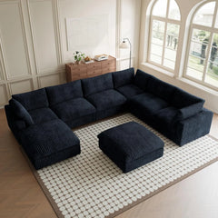 Premium Classic Cloud Sectional Couches | 8-Piece Plush Fabric Black Casual Luxury Appeal Sofa Sets 6-seaters with 2-Ottomans