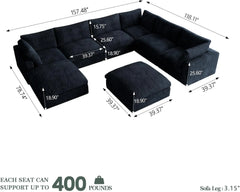 Premium Classic Cloud Sectional Couches | 8-Piece Plush Fabric Black Casual Luxury Appeal Sofa Sets 6-seaters with 2-Ottomans