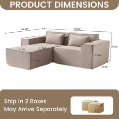 Exclusive Classic Sectional Couches | 2-Piece Corduroy Brown Modular Design Chaise Sectionals 2-seaters with 1-Ottomans