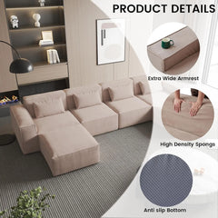 Exclusive Classic Sectional Couches | 2-Piece Corduroy Brown Modular Design Chaise Sectionals 2-seaters with 1-Ottomans
