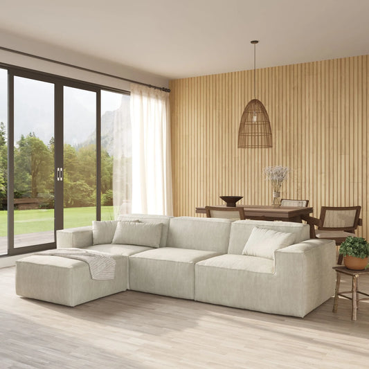 American Style 3-Seater Corduroy L-Shaped Modular Sectional Sofa Chaise 3D-Knitted FabricCorduroy - Beige
