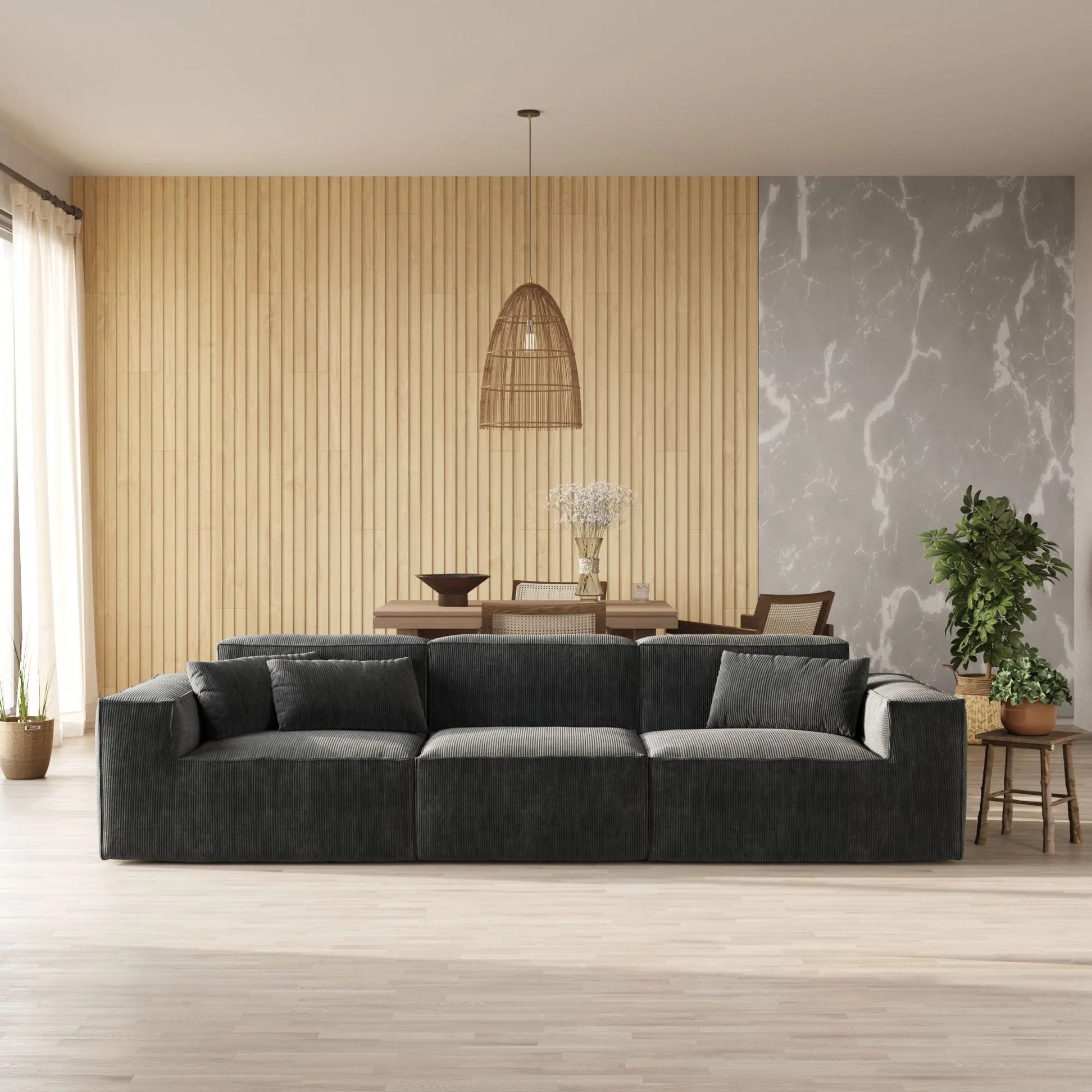 American Style 3-Seater Corduroy Modular Sectional SofaCorduroy - Black