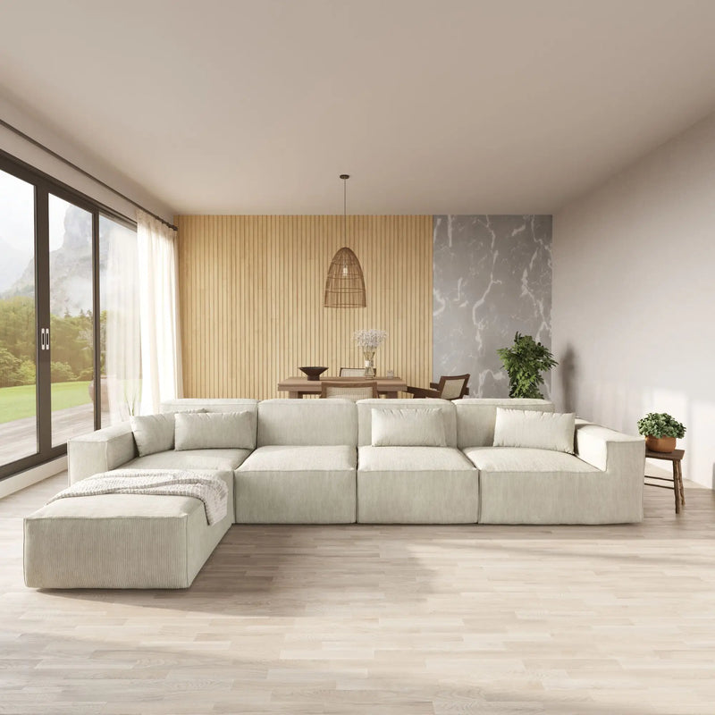 American Style 4-Seater Corduroy Sectional Couch L-Shaped Chaise 3D-Knitted FabricCorduroy - Beige