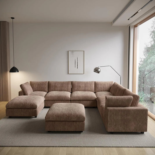 Premium Classic Cloud Sectional Couches | 8-Piece Plush Fabric Brown Modular Design Sofa Sets 6-seaters with 2-Ottomans
