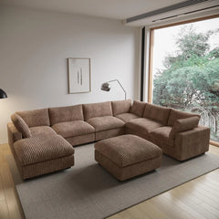 Premium Classic Cloud Sectional Couches | 8-Piece Plush Fabric Brown Modular Design Sofa Sets 6-seaters with 2-Ottomans