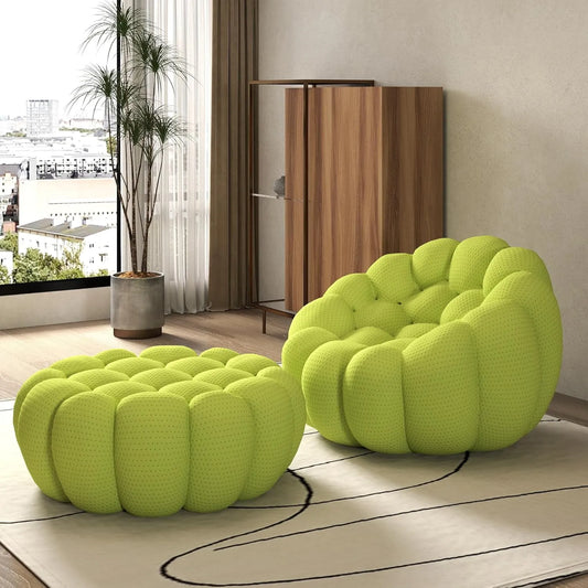 Signature Armless Boneless Couches | 2-Piece 3D-Knitted Lime Green A Soft Wavy Shape Sofa Sets 1-seater with 1-Ottomans